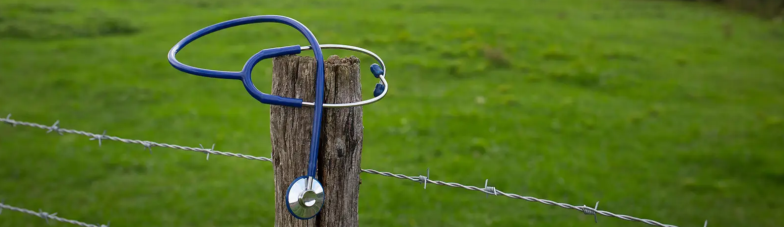 a stethoscope placed on a wooden fence post in front of a field