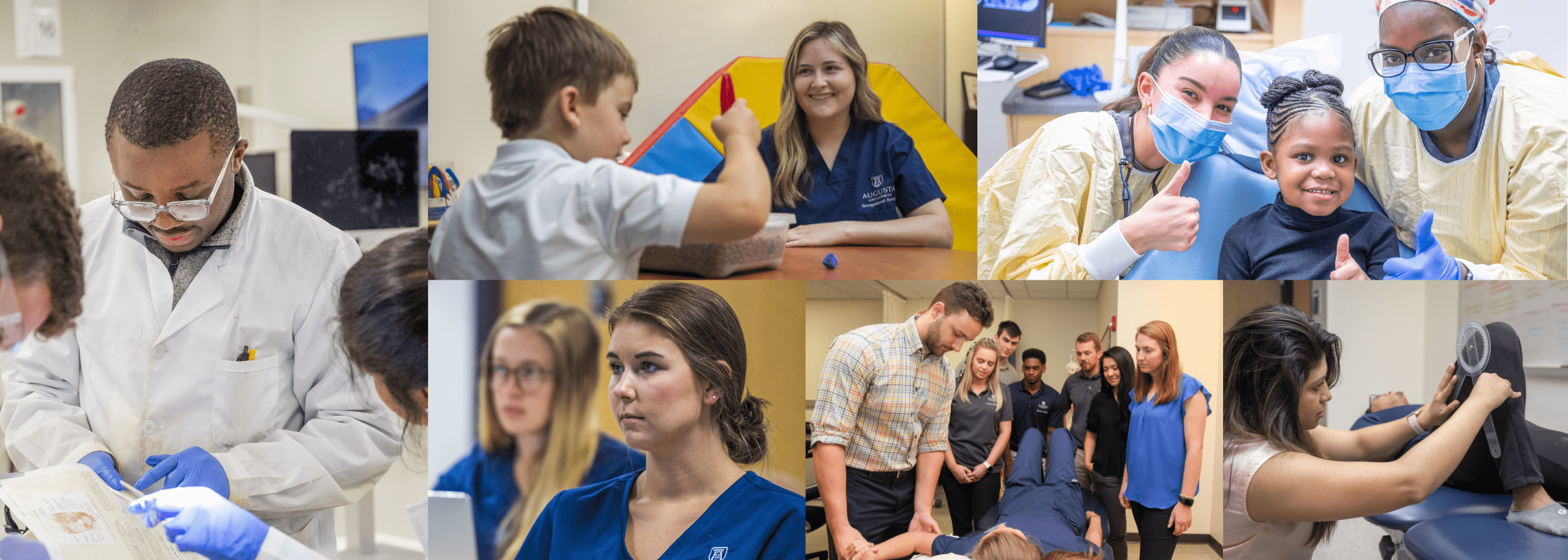 Collage of students learning in health care environments