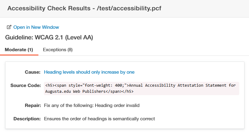 Screenshot of the Results list of an Accessibility Check in Modern Campus CMS detailing the errors found