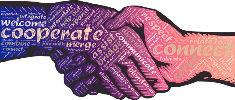 image of two colorful hands shaking that have text written inside: cooperate, merge, welcome, integrate, connect, respect, assist, bridge, organize, merge, realte, serve, etc.
