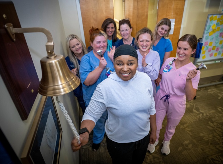 Colored banner with images of a cancer patient and cancer researchers