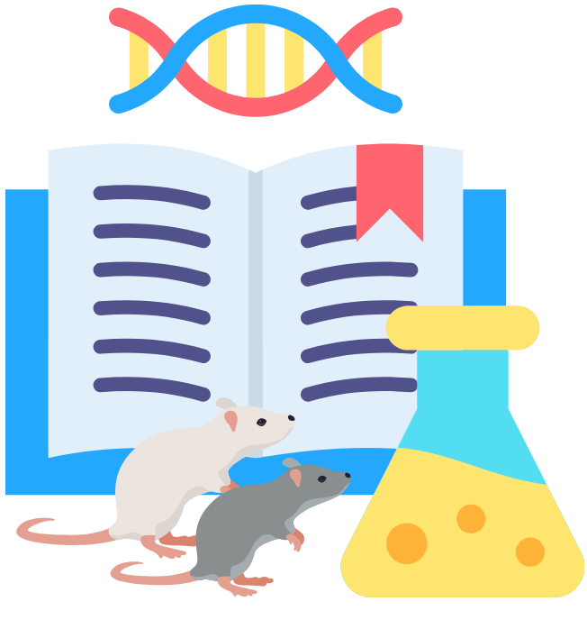 Graphic of mouse with scientific equipment to assist with The goal of this project is to design and implement experiments that involve the development and assessment of experimental therapeutics, using various animal model systems.