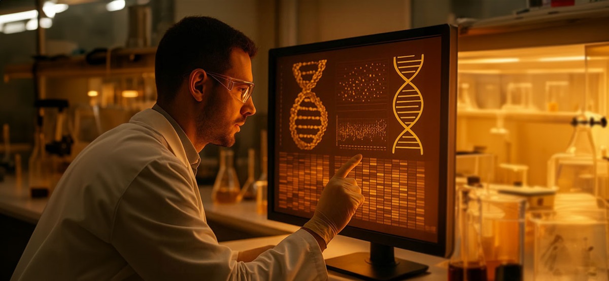 Image of man in a lab looking at a computer