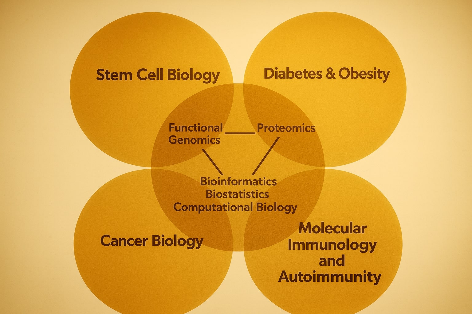 Stem Cell Biology, Diabetes & Obesity, Cancer Biology, Molecular Immunology & Autoimmunity venn diagram with Functional Genomics, Protemics and Bioinformatics Biostatistics computational biology in the interconnecting circle