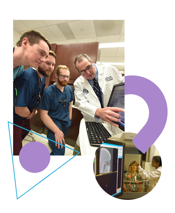 Oral biology students and x-ray machine