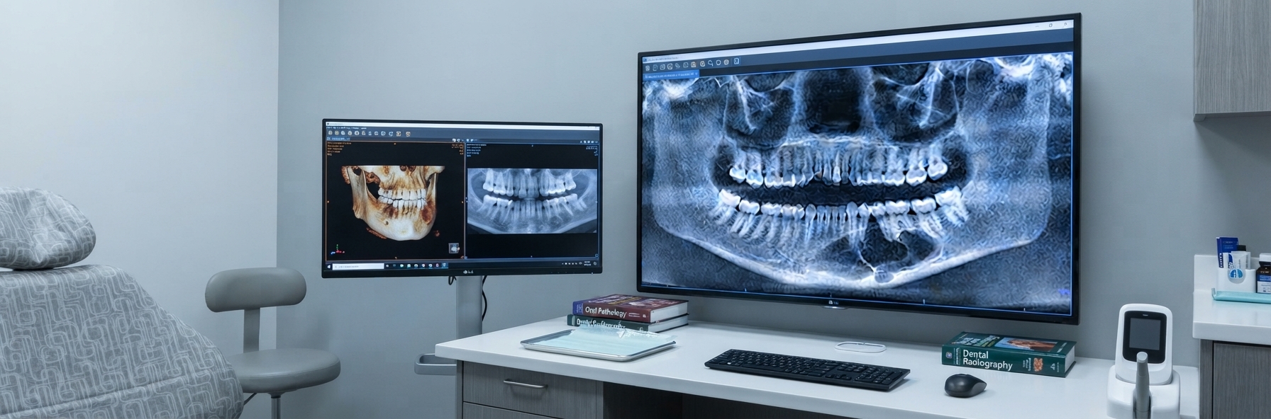 A modern dental office room featuring a dental chair, desk, and two computer monitors displaying dental cone beam computed tomography (CBCT) and panoramic X-ray scans of a lower jaw.