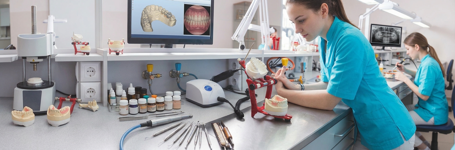 I have generated alt text options depending on how much detail you need:  Short A female dental technician in blue scrubs leans over a workbench holding dental casts and tools in a brightly lit dental laboratory, with screens and a colleague working nearby.