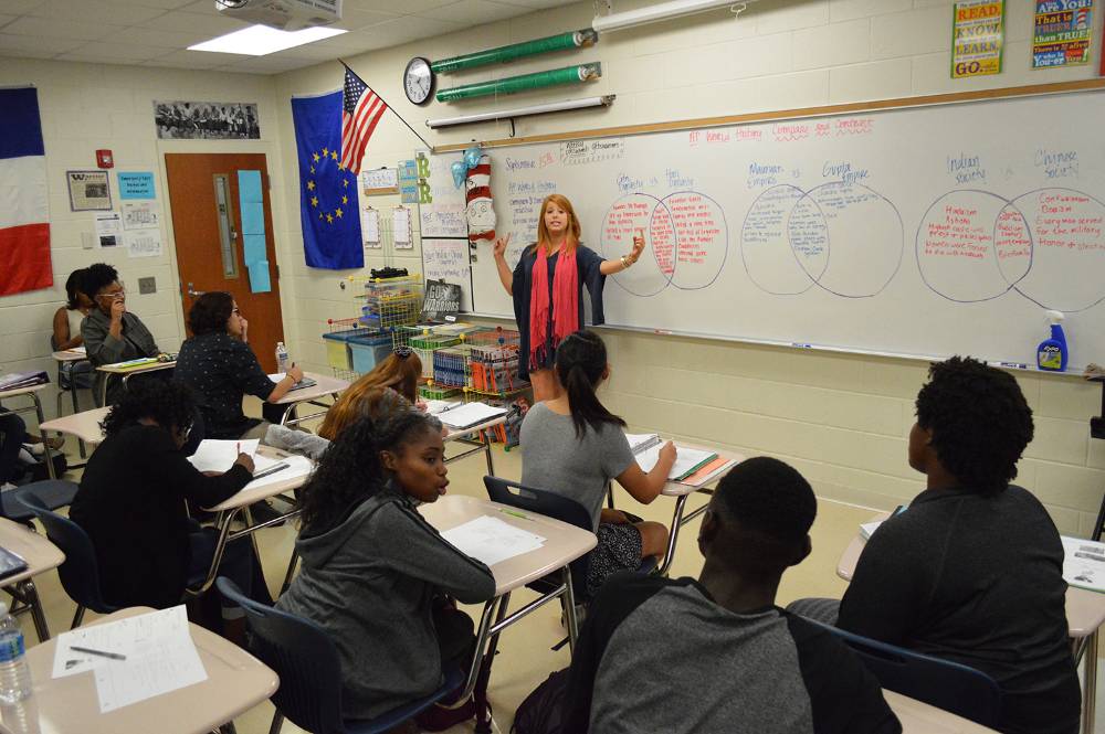 Grovetown High School teacher Laura Reeder instructs students in history.