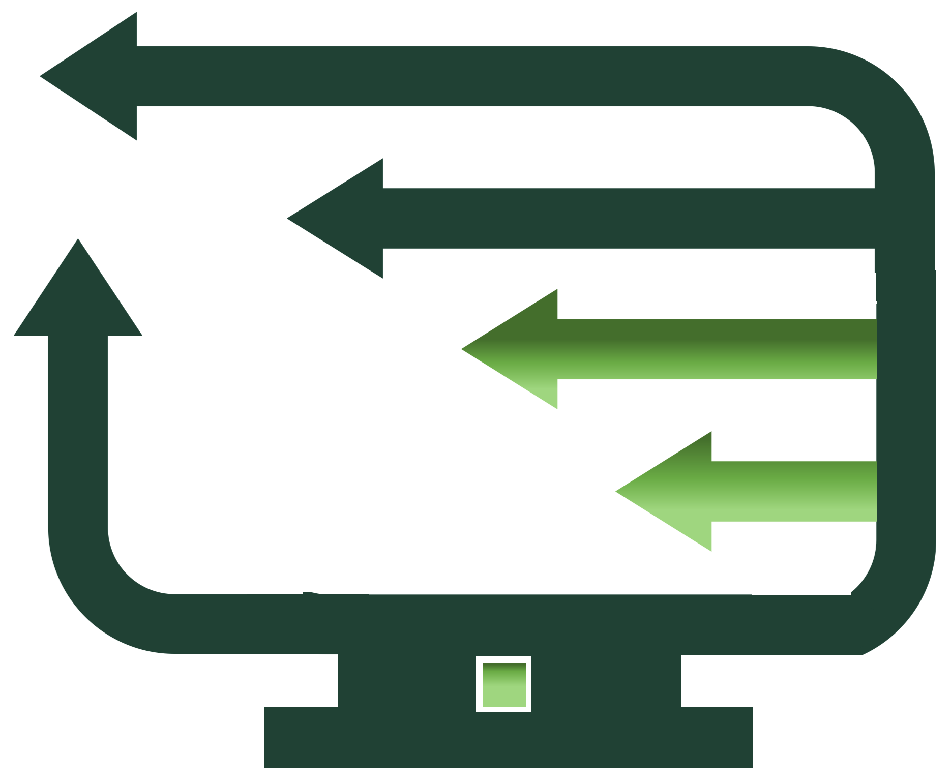 Computer shape made up of green pointing arrows