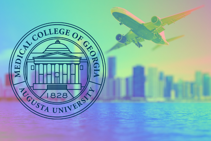 Student travel with a plane over a blurry cityscape