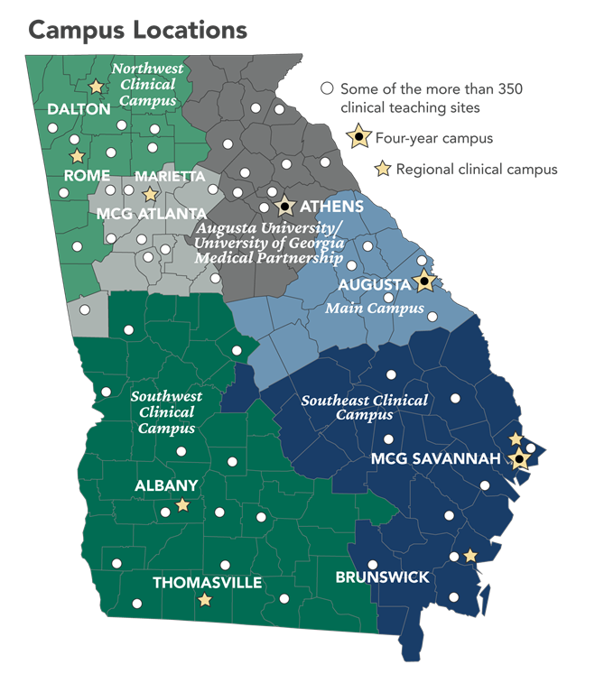 Medical College of Georgia- Campus Locations: Indicates Locations of some of the more 350 clinical teaching sites. MCG Dalton and MCG Rome (NorthWest Campus), Athens -Augusta University/UGA Medical Partnership, Augusta (main campus), MCG Brunswick & MCG Savannah (Southeast Campus), MCG Albany (Southwest Campus), MCG Atlanta (Marietta) and Thomasville
