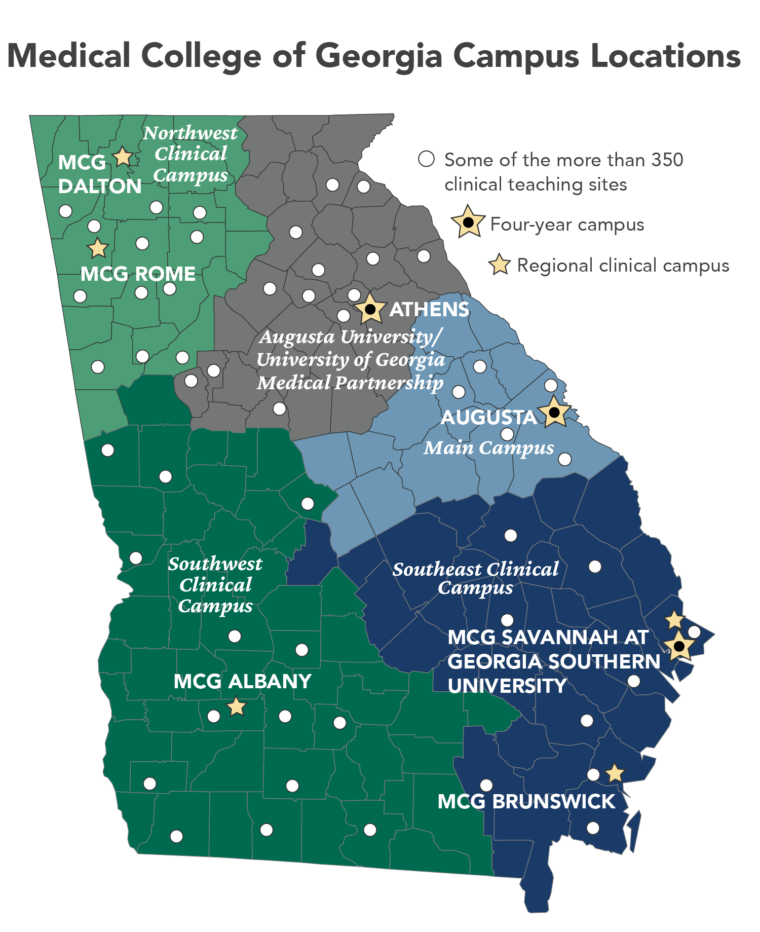 Medical College of Georgia- Campus Locations: Indicates Locations of some of the more 350 clinical teaching sites. MCG Dalton and MCG Rome (NorthWest Campus), Athens -Augusta University/UGA Medical Partnership,Augusta (main campus), MCG Brunswick & MCG Savannah at Georgia Southern University (Southeast Campus), MCG Albany (Southwest Campus)