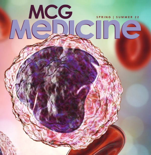 MCG Medicine cover image showing artistic rendering of white blood cells and red blood cells. MCG Magazine- Spring/ Summer 2022