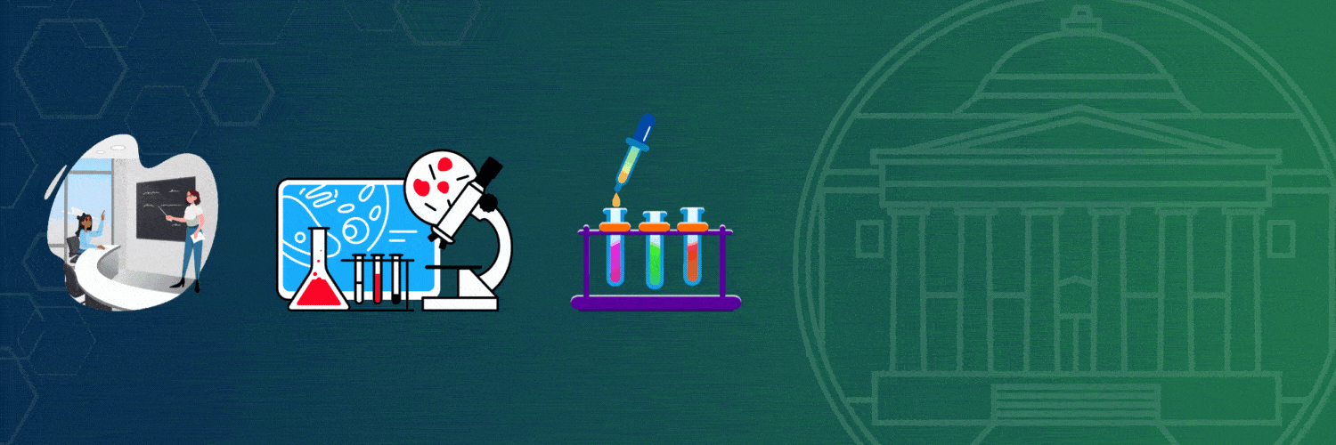 three gifs: one of a teacher and student, one a microscope and vials and a third with an eye dropper adding liquid to three vials, to the right is the building part of the MCG seal. The header background is a gradient of blue to green.