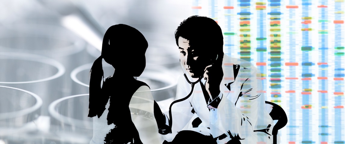 Doctor listens to patient with a stethoscope with a generic genetic medical background behind