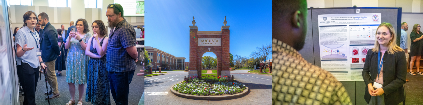 collage of a photo of a stone archway and students presenting research posters