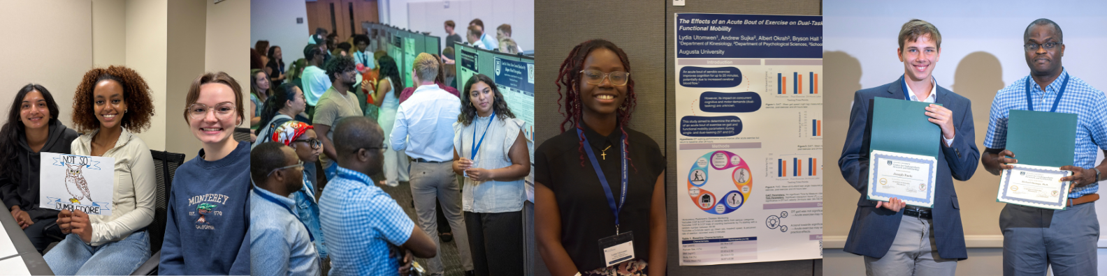 a collage of students with posters and artwork