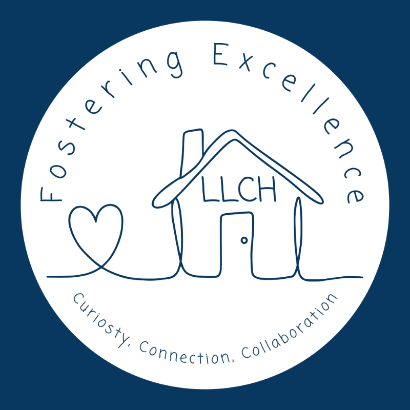 white house icon on a navy background with navy text that says Fostering Excellence