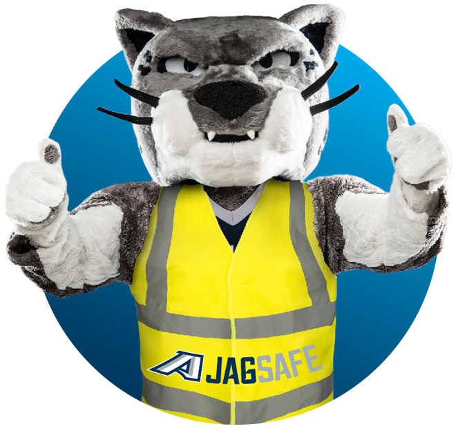 Augustus in a safety vest with thumbs up