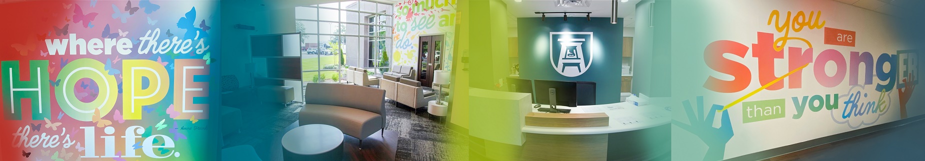 Four designed images of the Inside of the Moore building. First is of a colorful painted wall with multi-colored butterflies that quotes Anne Frank: "Where there's HOPE there's life" second is the waiting room, then reception area with the logo of AU, finally a hallway that states in colorful lettering and hands "you are strongER than you think" 