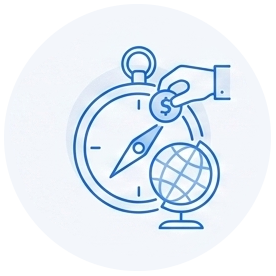 A globe with a company and a hand giving money
