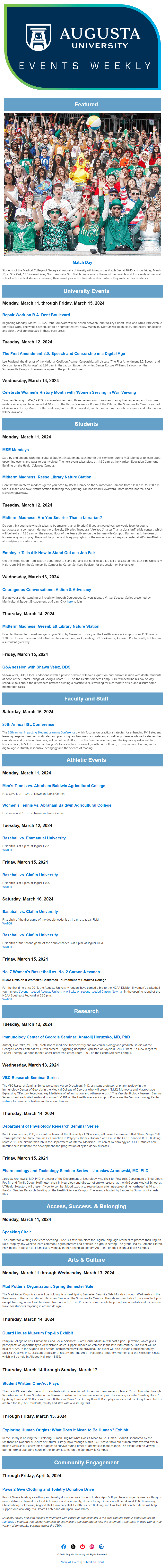 Screenshot of AU Events Weekly newsletter